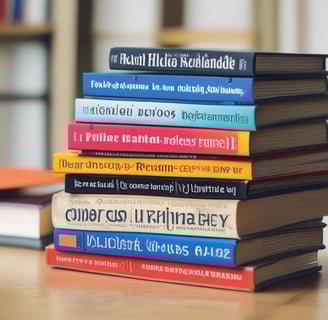 A stack of self-help and motivational books with colorful covers is neatly arranged. The titles include 'The Power of Now', 'The War of Art', 'Mindset', 'The Miracle Equation', and 'Your Best Year Ever'.