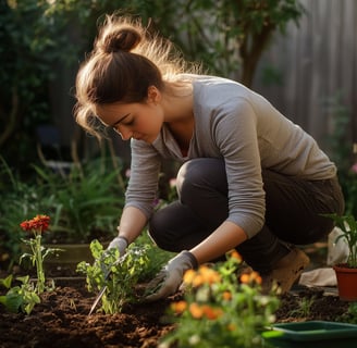 a woman is kneeling down to plant a potted plant tuinaanleg