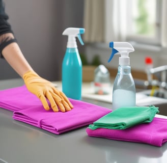 A set of cleaning products is arranged on a light-colored marble surface. The items include two metal spray bottles, a small glass bottle with a liquid, a natural bristle brush, and a cloth with dark stripes. Sunlight filters through leaves, casting dappled shadows on the surface.