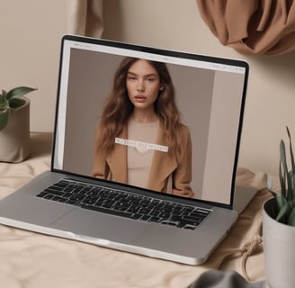 A laptop displaying a wireframe design for a website. The screen shows multiple pages with sections labeled for a landing page, product details, and about information. The background contains a blurred backpack.