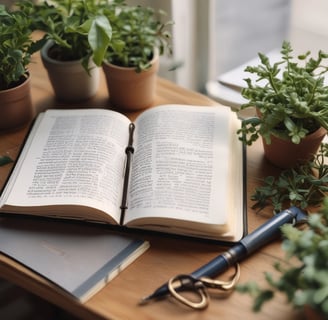 An open Bible and a book titled 'Becoming a Millionaire God's Way' are placed on a wooden table. There is a cup with the Starbucks logo, handwritten notes on a notecard, a pen resting on the Bible, and a black leather chair partially visible in the background.