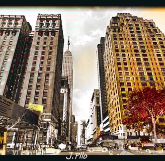 a city street scene with a tree in the foreground