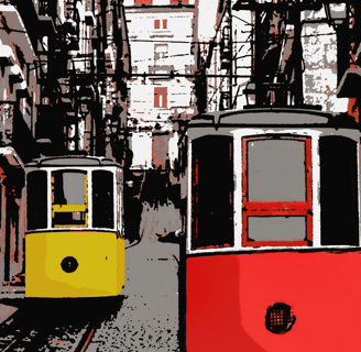 a red and yellow trolley car on a city street