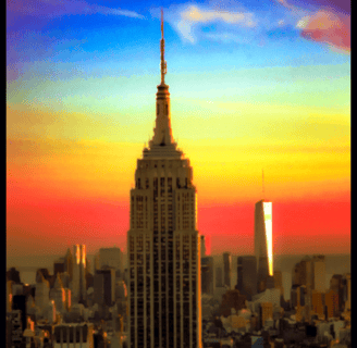a city skyline view of a city at sunset