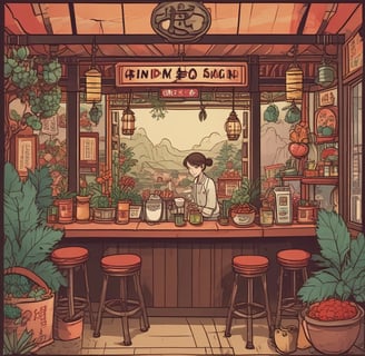 A collection of anime figurines is displayed on wooden shelves with comic-style wallpaper as a decorative background. Various action figures are posed, featuring vibrant colors and iconic character designs. The setting appears to be a themed cafe or restaurant, with additional seating and hanging lights in the background.