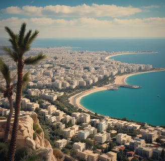 "Haïfa vue du haut des jardins Bahaïs : une carte postale entre ciel, mer et harmonie."