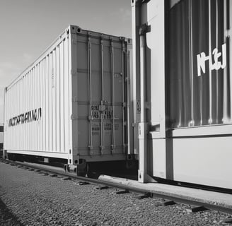 Yellow and white DHL freight containers are lined up on a train track under clear blue skies. Overhead electrical wires stretch across the scene, indicating a railway setting.