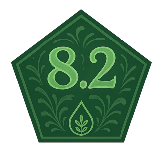 Green pentagon badge displaying Evellon Oils score of 8.2 with ornate leaf drop icon