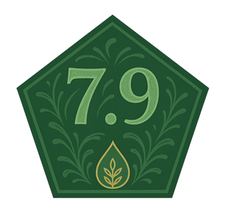 Green pentagon badge displaying Evellon Oils score of 7.9 with decorative leaf drop icon