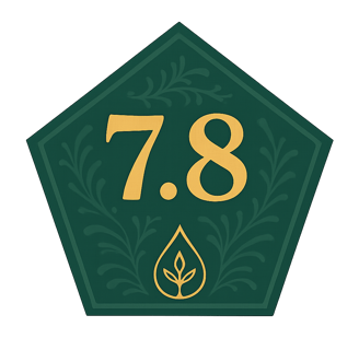 Green pentagon badge displaying Evellon Oils score of 7.8 with ornate leaf drop design