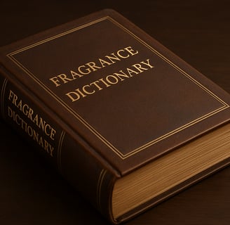 Hardcover book titled "Fragrance Dictionary" in gold text on a brown leather surface.