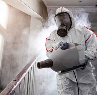 a man in a white suit and a gas mask