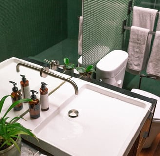 une salle de bain avec plan vasque design, carrelage mosaïque vert, toilettes et sèche serviettes
