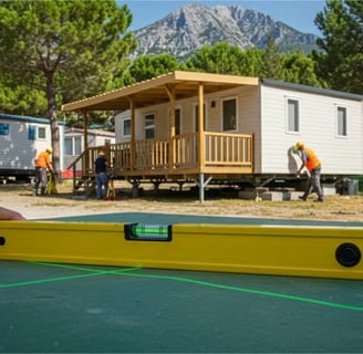 <img src="tecnicos-nivelando.jpg" alt="Técnicos especializados nivelando un mobil home con herramien