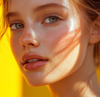 sunkissed woman with freckles yellow background