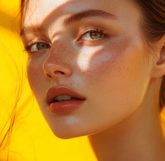sunkissed woman with freckles yellow background
