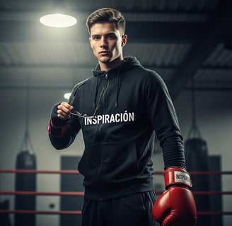 a man in a black jacket and red boxing gloves