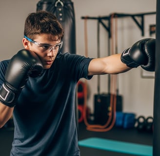 a man in a black shirt and glasses is boxing gloves