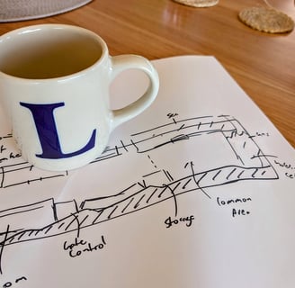 A coffee mug sitting on a paper sketch of a level map
