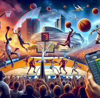 NCAA Men's Final Four 2024 action with players on the court, a lively crowd, and Phoenix skyline