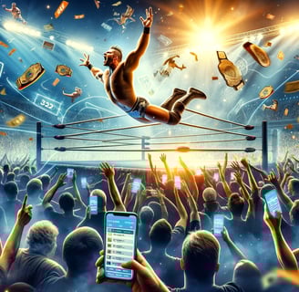Wrestler in action with betting odds and crowd.
