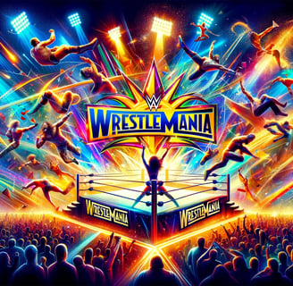 WrestleMania vibrant ring with crowd and spotlights.
