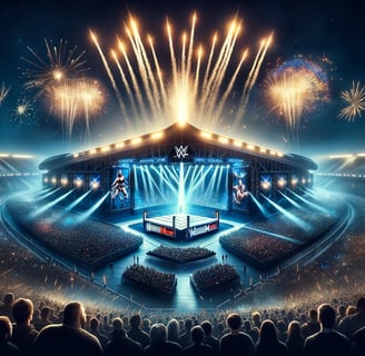 WWE WrestleMania stadium under night sky with fireworks.