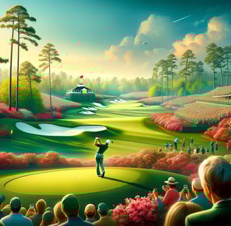 Golfer aiming on a vibrant Augusta course.
