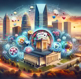 Iconic Oklahoma landmarks with symbols of online gambling, depicting the state's unique position