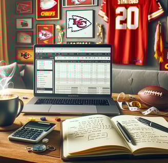 Desk with betting strategy, Chiefs memorabilia