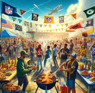 NFL tailgate party with fans grilling and celebrating.