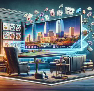 Modern online casino interface on a screen with Oklahoma City skyline backdrop.