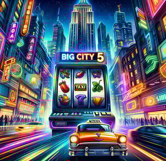 Big City 5's online slot game with neon signs and taxis in a bustling city.