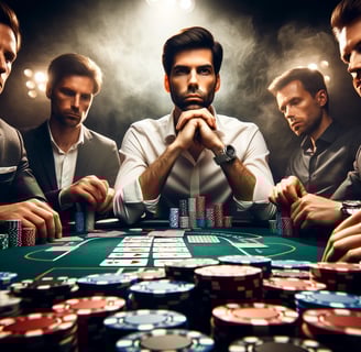 Professional poker table during a high-stakes game, emphasizing the intense concentration