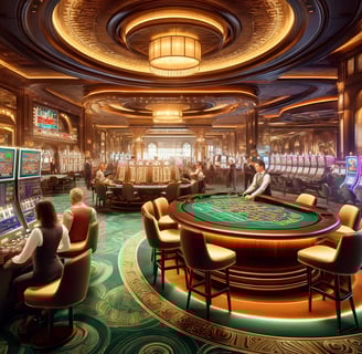 Casino floor with slots, roulette, and card games.