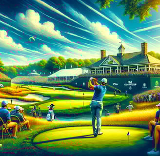 Golfer in mid-swing at PGA Championship at Valhalla, with spectators watching eagerly.