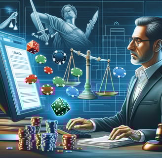 Middle-aged man researching online gambling laws with legal documents and online casino elements.