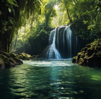 a waterfall in the middle of a jungle