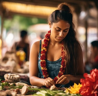 a woman in a blue dress is looking at flowers