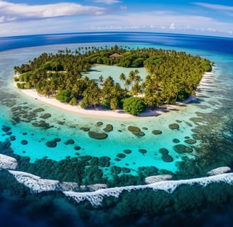 a drone shot of a small island surrounded by palm trees