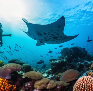 a scuba diver swimming beside a big manta ray