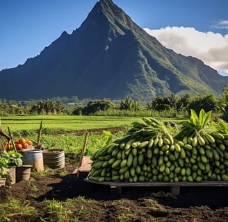 a man standing in a field with a pile of bananas