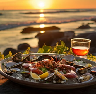 a plate of seafood with a glass of wine