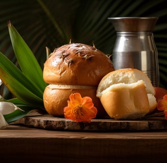 a table with bread and flowers on it