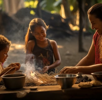 a woman cooking food in a pot on a table