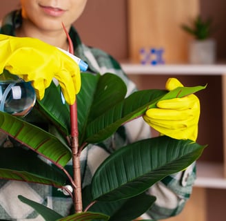 a woman in a plaid shirt and gloves holding a plant withe adom.ma