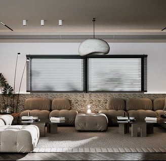 A cozy living room with a large sectional sofa, a unique pendant light fixture, and a neutral color