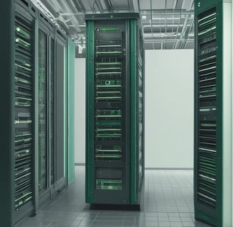 A visualization of a data storage system featuring a main server unit connected to a series of cylindrical storage units. The server has multiple horizontal rows, each with indicators. The background is black, providing a strong contrast to the metallic and green tones of the server and storage units.