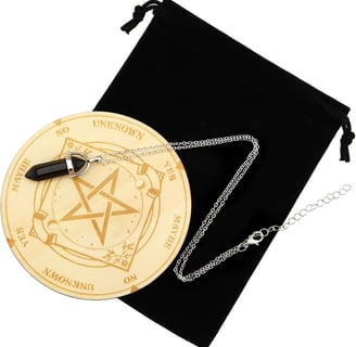 a pentagram and black bag and pendulum