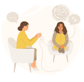 woman holding a thread and another woman being sad on the chair
